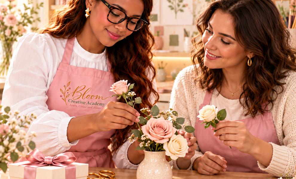 Duas mulheres a criar um arranjo de flores juntas